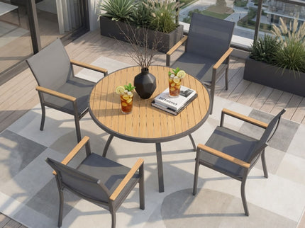Gray Aluminum Patio Dining Set With Textilene Chairs, 5 Piece All Weather Round Table And 4 Seater For Garden, Deck, Or Porch
