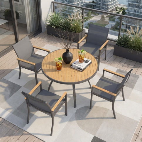 Gray Aluminum Patio Dining Set With Textilene Chairs, 5 Piece All Weather Round Table And 4 Seater For Garden, Deck, Or Porch