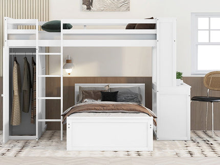Loft Bed With A Stand Alone Bed, Shelves, Desk, And Wardrobe