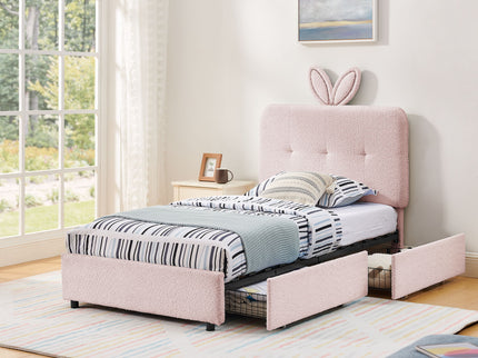 Upholstered Bed With Oversized Rabbit Ear Headboard, LED Lights & 4 Storage Drawers