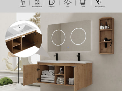48" Wall Mounted Bathroom Vanity With Double Resin Sink And Storage Rack Soft Close Doors Plywood Construction - Imitative Oak
