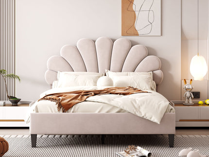 Upholstered Platform Bed With Flower Pattern Headboard