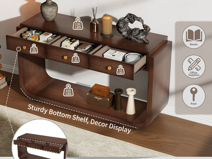 Console Table With 3 Drawers, Display Shelf, Curved Legs - Walnut