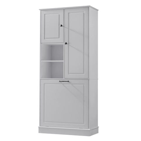 Modern Tall Storage Cabinet With Adjustable Shelves, Flip-Out Basket & Enclosed Doors