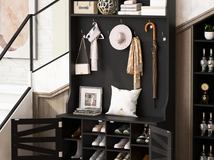 Entryway Bench With Coat Rack, 3 In 1 Design And Adjustable Shelves