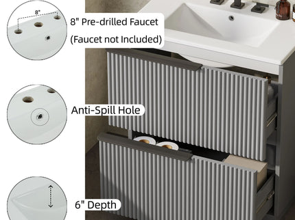 Fluted Bathroom Vanity With Ceramic Sink, Freestanding Cabinet