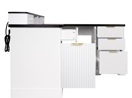 Fluted L-Shaped Desk With Charging Station & Storage Cabinet