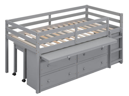Loft Bed With Retractable Writing Desk And 4 Drawers, With Lateral Portable Desk And Shelves