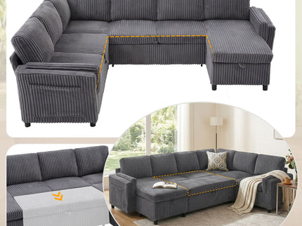 Convertible U-Shaped Sectional Sofa Bed With USB Ports And Storage