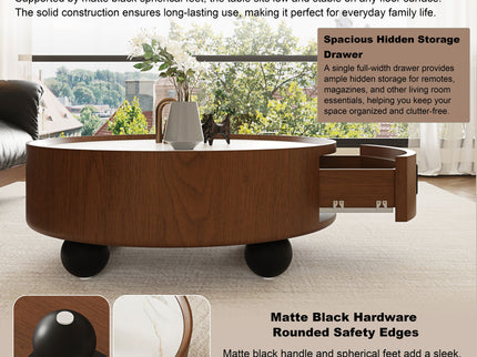 Round Coffee Table With Ball Feet, Pull Handle Storage Drawer - Bouguer Walnut / Brown