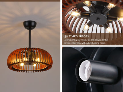 Pumpkin Ceiling Fan, Fandelier With 6 E12 Sockets, Reversible DC Motor, Adjustable Hanging, 6 Speeds Remote Control - Black
