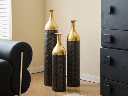 Elegant Floor Vase Set Metal Decorative Vases 3 Piece Set For Floral Display, Wedding & Gift Decor - Gold / Black