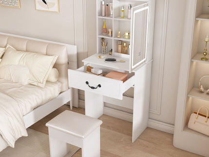 Modern Mini Dressing Table With Led-Lit Mirror & Hidden Storage, Adjustable Brightness Vanity Desk - White