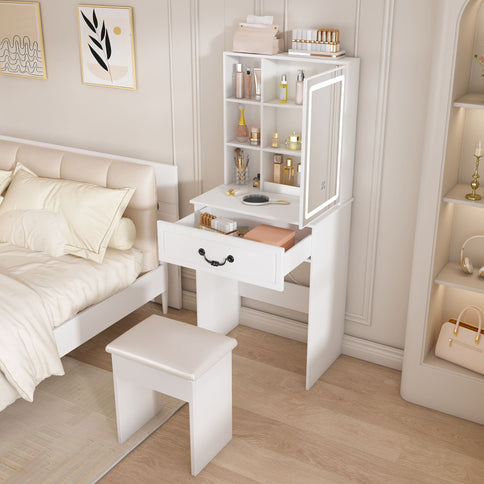 Modern Mini Dressing Table With Led-Lit Mirror & Hidden Storage, Adjustable Brightness Vanity Desk - White