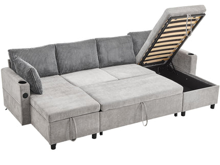 Sectional Sofa Bed With Pull Out Sleeper, USB Ports, Cup Holders