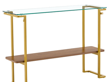 Console Table With Shelf, 2 Tier Living Room - Gold / Walnut