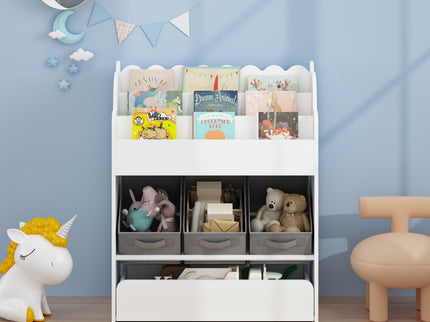 Bookshelf With Storage Bins And Drawer, Multi Functional Book Organizer For Toddlers - White