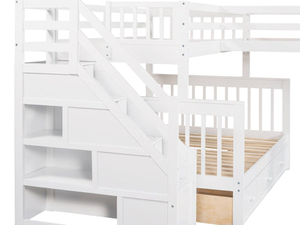 Solid L Shaped Bunk Bed With 3 Drawers, Ladder And Staircase