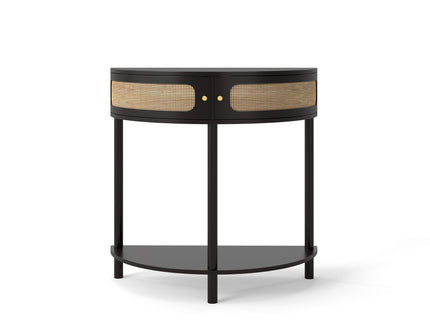 Boho Rattan Semi Circle End Table With Sliding Rattan Door, Storage And Bottom Shelf