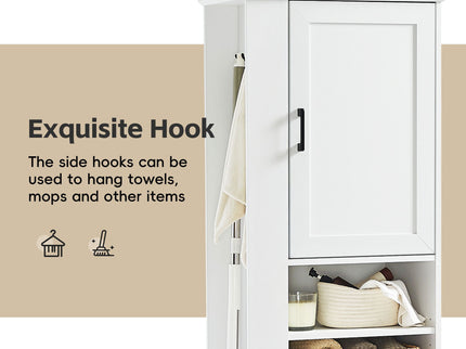 Tall Freestanding Bathroom Storage Cabinet With Adjustable Shelves And Side Hooks Board, Rectangle Design