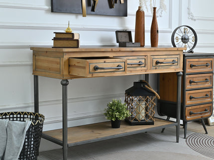 Accent Storage Console Table With Open Shelf And 3 Drawers For Living Room - Natural Wood / Brown