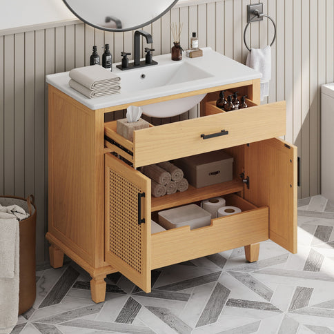 Bathroom Vanity With Ceramic Sink, Modern Free Standing Cabinet With Soft Close Drawers