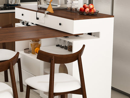 Retro Kitchen Island Set With Chairs, Extendable & Rotating Table, 4 Drawers & Door Cabinets