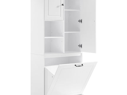 Modern Tall Storage Cabinet With Adjustable Shelves, Flip-Out Basket & Enclosed Doors