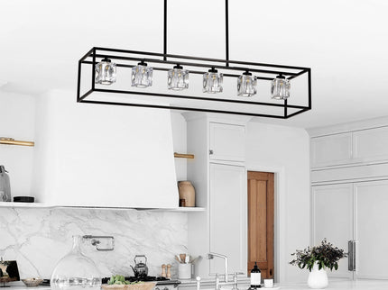 6 Light Farmhouse Chandelier, Modern Industrial Linear Rectangular Crystal Pendant Light Cage Chandelier For Dining Room, Kitchen Island, Bar, Long Table, G9*6 Bulbs Included - Matte Black