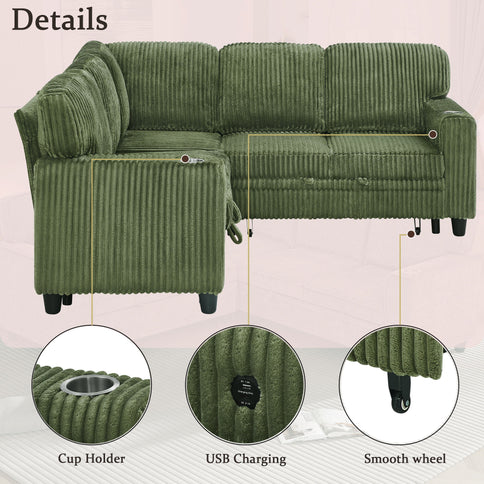 L-Shaped Sofa With Pull Out Sofa Bed With USB