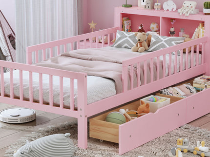 Bed With Headboard Storage Rack, 2 Under Bed Drawers, 3 Side Guardrails For Safety