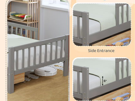 Bed With Headboard Storage Rack, 2 Under Bed Drawers, 3 Side Guardrails For Safety