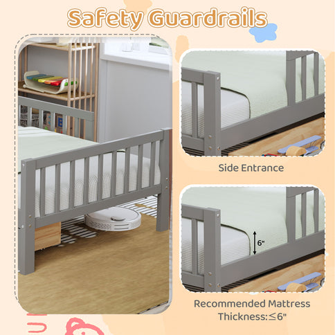 Bed With Headboard Storage Rack, 2 Under Bed Drawers, 3 Side Guardrails For Safety