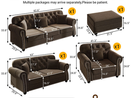 Upholstered Sofa Set With Nailhead Trim And Rolled Armrests, Includes Pillows