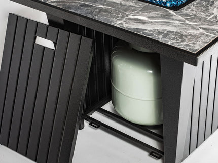 Morden Steel Fire Pit Table With Marble Tile Tabletop, Glass Wind Guard And Lid