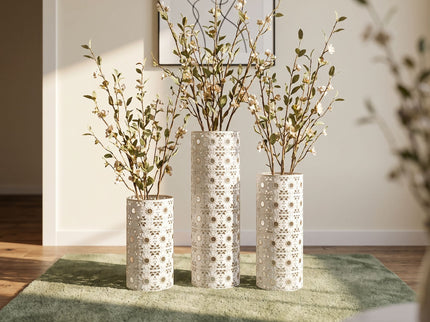 Handcrafted Cutout Hollow Tall Standing Floor Vase, Home Decor (Set of 3) - White / Gold