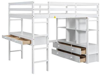 Full Size Loft Bed With Built In Desk, 2 Drawers, Storage Shelves - White