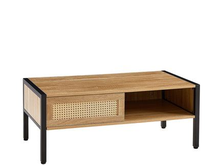 40.16" Rattan Coffee Table, Sliding Door For Storage, Metal Legs, Modern Table For Living Room