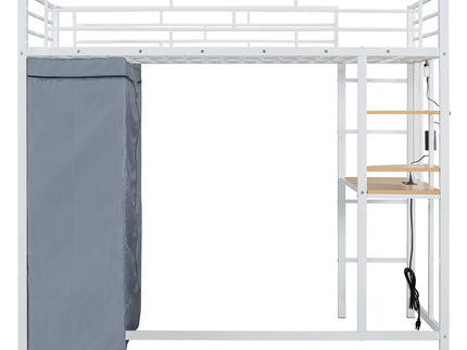 Loft Bed With Desk, Shelves, Power Outlet, LED Light And Wardrobe