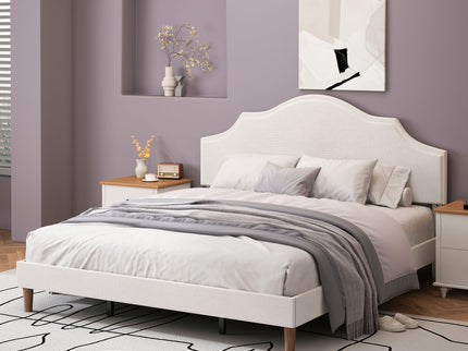 King Size, Upholstered Platform Bed Frame With Adjustable Headboard, No Box Spring Needed - White