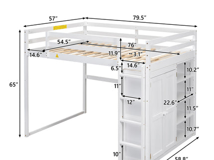Loft Bed With Built In Wardrobe, Storage Shelves, And LED Light