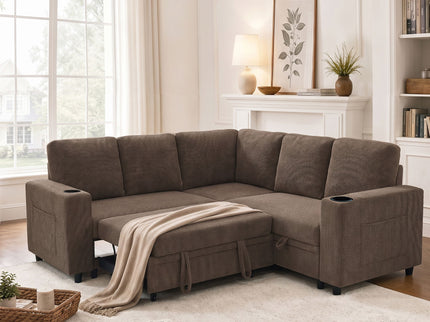 Upholstered L - Shape Sectional Sofa Bed With Pull Out Sleeper And Storage