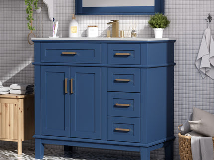 Bathroom Vanity With Ceramic Sink, Soft-Close Doors, 4 Storage Drawers - Blue