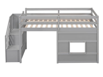 Loft Bed With Storage Staircase, Window & LED Light