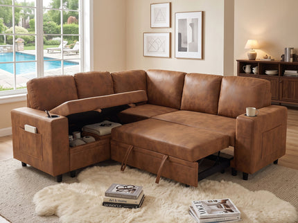 Upholstered L - Shape Sectional Sofa Bed With Pull Out Sleeper And Storage
