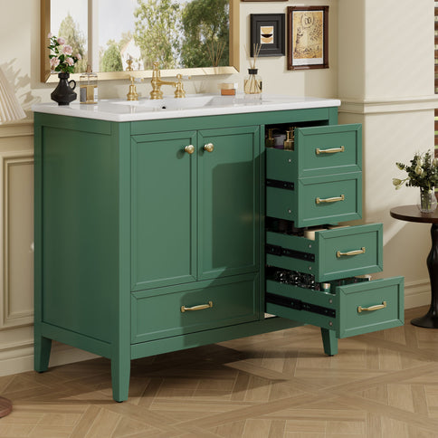 Elegant Vintage Bathroom Vanity With Sink And Soft Closing Door, 4 Drawers Of Different Sizes Frame