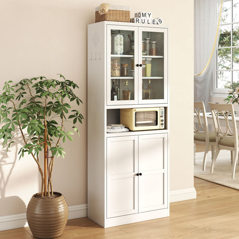 Kitchen Pantry Cabinet Tall Storage With Adjustable Shelves, Heavy Duty Stainless Steel Frame - White