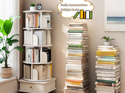Rotating Bookshelf With Wheels And Drawer, 360° Spinning Design, Space Saving Storage