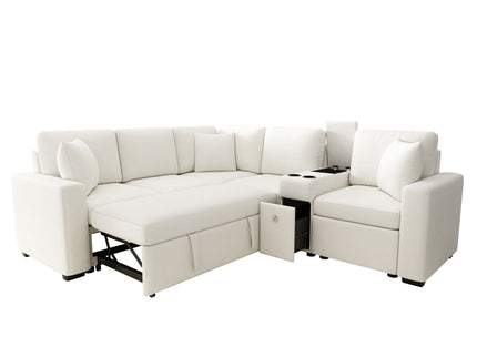 Modular L-Shaped Sectional Sofa Bed With Pull-Out Sleeper, Cup Holders, And Storage