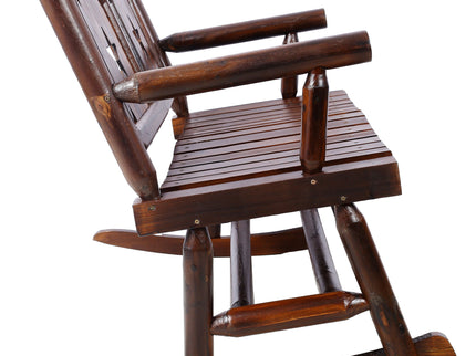 Rustic Outdoor Wood Rocking Bench Double Rocking Chair For 2 Persons With Curved Seat, Porch Rocker - Brown